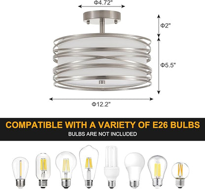 Drum Semi Flush Mount Ceiling Light Fixture, Chrome Matal & Linen Fabric Shade Ceiling Light, Modern Farmhouse Close to Ceiling Light for Bedroom, Hallway, Entryway, Dining Room, Laundry Room