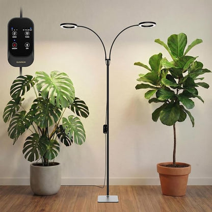 GLOWRIUM Grow Lights for Indoor Plants, 36W Full Spectrum 2-Head LED Plant Light with Stand, Adjustable Height, 3/9/12H Timer, 6 Dimmable Levels & 3 Lighting Modes(Black-Double Head)