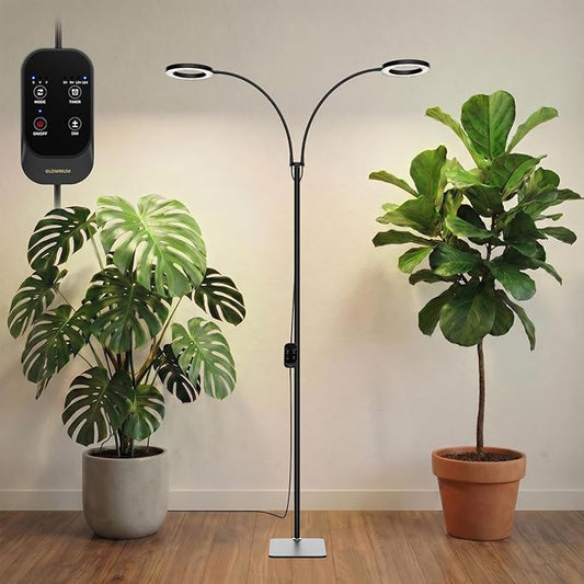GLOWRIUM Grow Lights for Indoor Plants, 36W Full Spectrum 2-Head LED Plant Light with Stand, Adjustable Height, 3/9/12H Timer, 6 Dimmable Levels & 3 Lighting Modes(Black-Double Head)