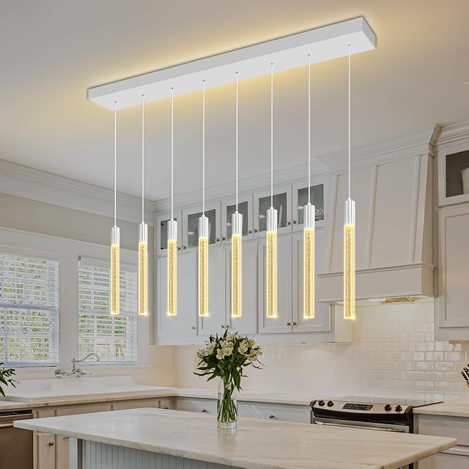 8-Light Silver Rectangular LED Chandelier, Bubble Crystal Column Chandeliers, Modern Dimmable Adjustable Height Hanging Light for Kitchen Island, Over Dining Room Table