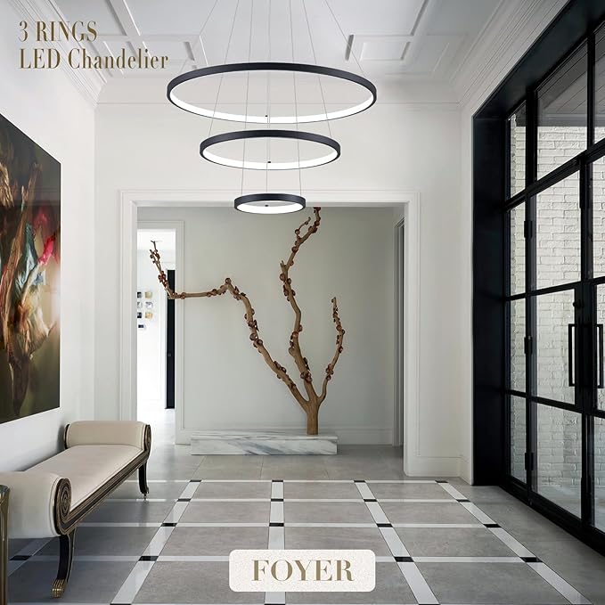 Modern LED Chandeliers 3 Rings Black Chandelier Dimmable LED Pendant Light Fixture Remote Control Contemporary Flush Mount Chandelier for Dining Room Bedroom Foyer, 3000-6500K