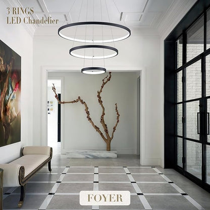 Modern LED Chandeliers 3 Rings Black Chandelier Dimmable LED Pendant Light Fixture Remote Control Contemporary Flush Mount Chandelier for Dining Room Bedroom Foyer, 3000-6500K