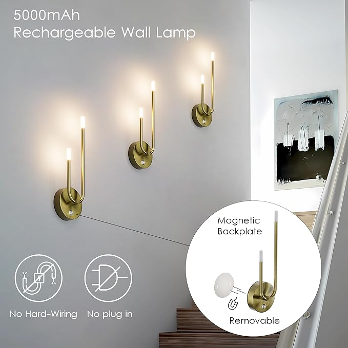 Aipsun Gold Battery Operated Wall Sconce Set of 2, Modern LED Rechargeable Wall Sconce Stepless Dimming Wireless Wall Lights for Bedroom,Living Room,Hallway Warm Light 3000K