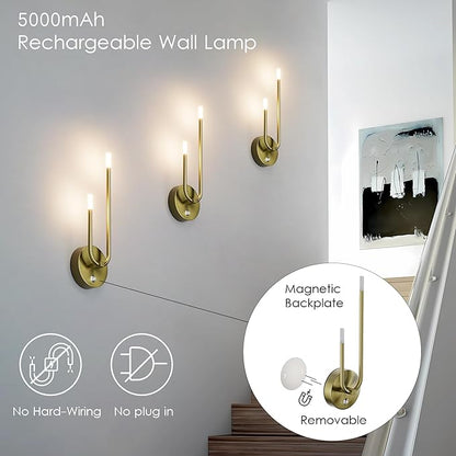 Aipsun Gold Battery Operated Wall Sconce Set of 2, Modern LED Rechargeable Wall Sconce Stepless Dimming Wireless Wall Lights for Bedroom,Living Room,Hallway Warm Light 3000K