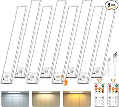 12inch Under Cabinet Lighting with Remote, 2500mAh Rechargeable Motion Sensor Light Indoor, LED Closet Lights with Timer, Dimmable, Magnetic, 3 Color Temps Wireless for Kitchen, Pantry, Stair, 8 Pack