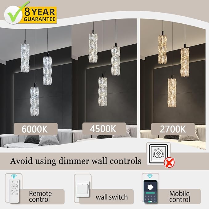 ykolupty Pendant Lights Kitchen Island 3-Lights Pendant Chandelier for Dining Room Hallway Stairwell,LED Dimmable 2700K-6000K