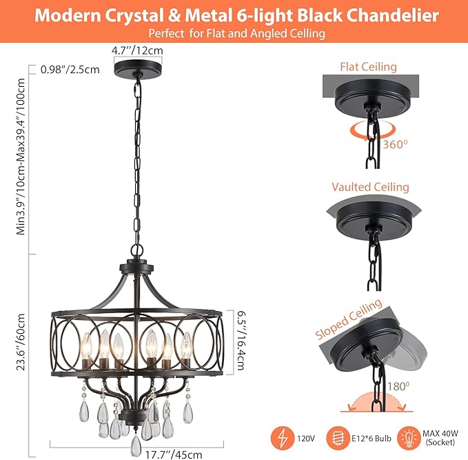Modern Black Chandelier 17.7" Metal Crystal Pendant Lighting Fixture Hanging 6-Light for Dining Room Bedroom Living Room Kitchen Entryway