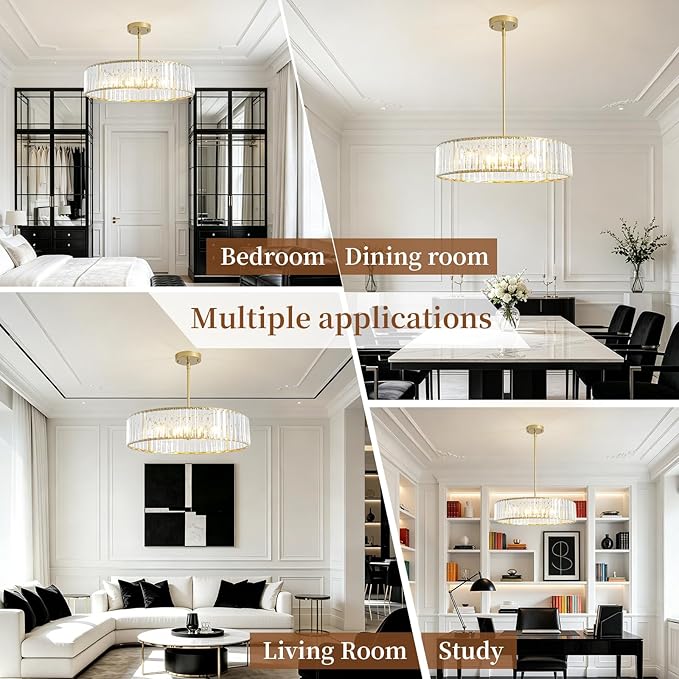 5-Light Gold Crystal Chandelier for Dining Room, Modern Semi Flush Mount Chandelier Lighting Fixtures, Round Kitchen Hanging Drum Pendant Lights Ceiling for Living Room Bedroom Entryway Foyer， 20 Inch