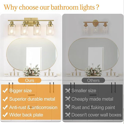 Indoi 4 Light Bathroom Light Fixtures, Brass Vanity Lights for Bathroom with Clear Glass Shades, Modern Bathroom Wall Sconces for Mirror Living Room Cabinet
