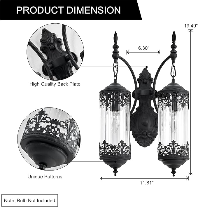 Rustic Glass Wall Sconce Vintage Antique Gothic Wall Light Fixture Retro Farmhouse Mid Centry Lantern Wall Sconce for Bedroom, Living Room, Mirror, Black