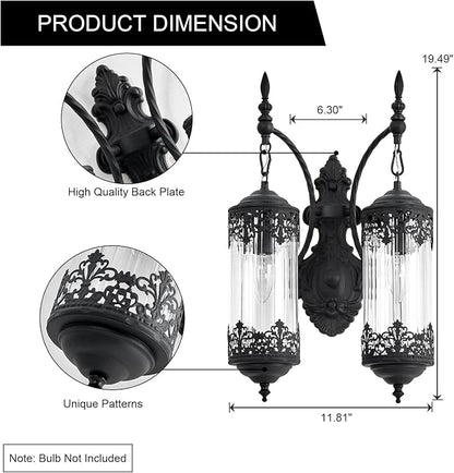 Rustic Glass Wall Sconce Vintage Antique Gothic Wall Light Fixture Retro Farmhouse Mid Centry Lantern Wall Sconce for Bedroom, Living Room, Mirror, Black