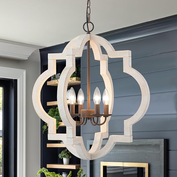 22" Oak Distressed White Chandeliers for Dining Room Farmhouse Wood Pendant Lights Kitchen Island 4-Light Orb Lantern Cage Ceiling Hanging Light Over Table for Entryway Foyer Living Room Bedroom