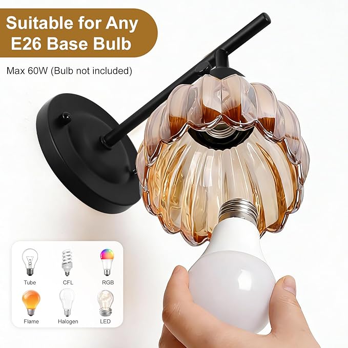 Vintage Black Wall Sconces Set of 2 with Cute Amber Tulip Glass Lampshade, Hardwired and Wireless Wall Mounted Light Fixtures (2 Usage Methods) with Switch for Bedside Bedroom Living Room Wall Decor