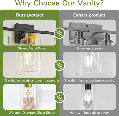 Black and Brushed Gold Bathroom Vanity Light, 3-Light Vanity Lighting fixtures Over Mirror, Square Design & UL Certification, Wall Sconces with Clear Glass Shades, E26 Socket (Bulbs Not Included)