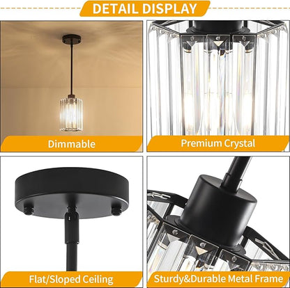 3-Pack Black Pendant Lights Kitchen Island Modern Crystal Hanging Pendant Light Hexagonal Mini Chandelier Adjustable Hanging Kitchen Lights for Dining Room Hallway Bedroom Entryway Light Fixtures