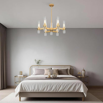 LIGHTDAMY Gold Chandelier,9 Light Farmhouse Chandeliers for Dining Room Light Fixtures Over Table,Kitchen Hanging Lighting with Clear Glass Class for Living Room Kitchen Island Hallway Foyer 28"