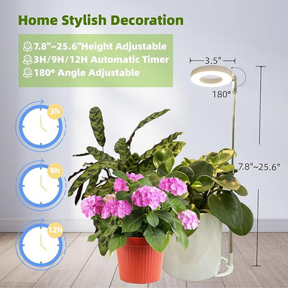 LED Grow Light for Indoor Plants, Full Spectrum led Grow Light,Mini Halo Grow Lights for Small Plants,Height Adjustable Growing Lamp,3 Modes,3/9/12h Automatic Timer,10 Dimmable Brightness