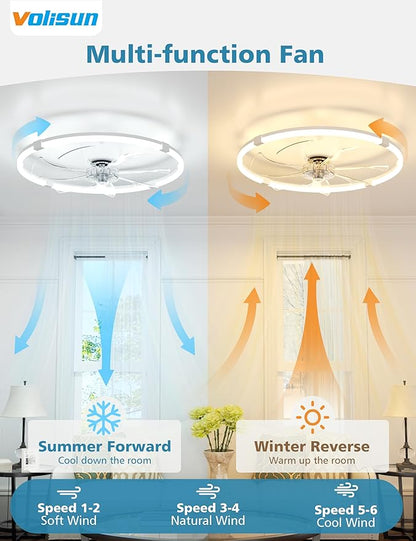 VOLISUN Low Profile Ceiling Fan with Lights and Remote, 23.6in Bladeless Ceiling Fans with Light Flush Mount, Dimmable Modern LED Fan Light, White Fandelier Ceiling Fans for Bedroom,Living Room