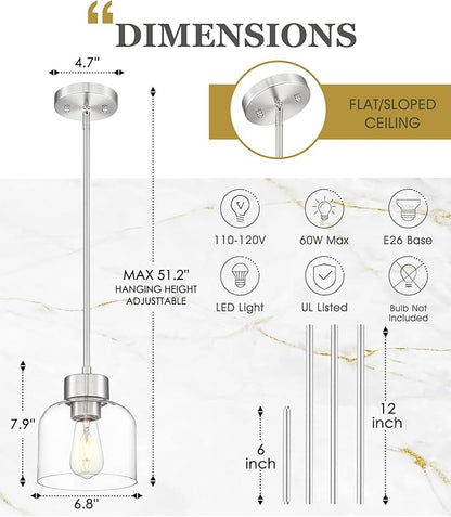 Pendant Lights Kitchen Island, 7" Brushed Nickel Hanging Lights Fixtures with Clear Glass Shade, Modern Kitchen Pendant Lighting Over Island for Dining Room, AD-24024-1P-SN