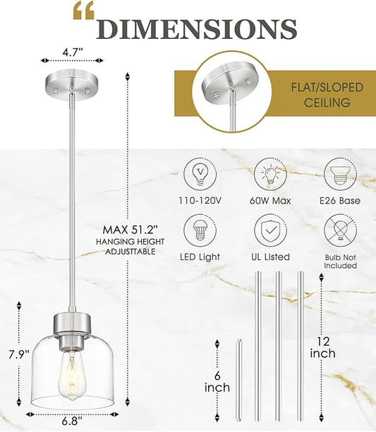 2-Pack Pendant Lights Kitchen Island, 7" Brushed Nickel Hanging Lights Fixtures with Clear Glass Shade, Modern Kitchen Pendant Lighting Over Island for Dining Room, AD-24024-1P2-SN