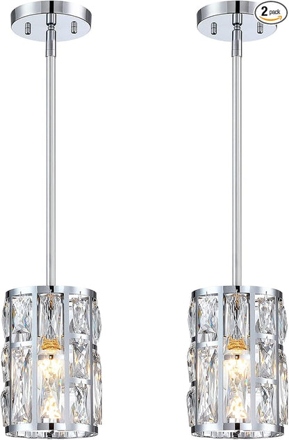MEXO Modern Crystal Pendant Light Fixture 2-Pack Chrome Finish Hanging Lighting Crystal Chandelier for Kitchen Island