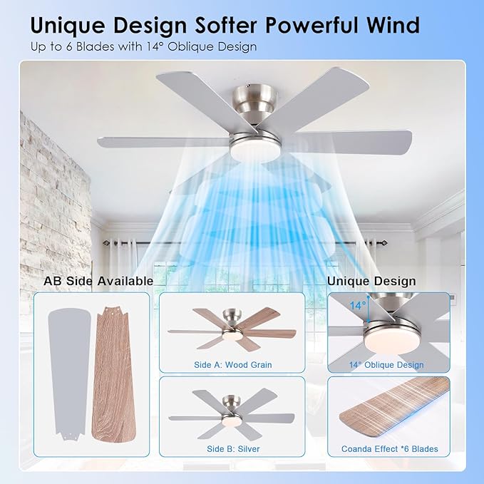 BayDay Ceiling Fans with Lights, Ceiling Fan with Remote APP, Dual-Sided Modern/Rustic, Reversible, 3CCT, Flush Mount Low Profile Ceiling Fan with Lights Bedroom Kitchen Indoor (Nickel, 46 inch)