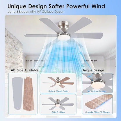 BayDay Ceiling Fans with Lights, Ceiling Fan with Remote APP, Dual-Sided Modern/Rustic, Reversible, 3CCT, Flush Mount Low Profile Ceiling Fan with Lights Bedroom Kitchen Indoor (Nickel, 46 inch)
