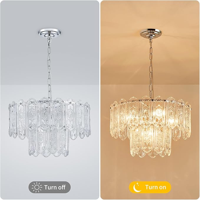 5-Lights Luxury Glass Chandeliers, Mid-Century Modern Chandeliers for Dining Room, D18.5'' × H18.9'', Adjustable Height (18.9"~51.2"), Chrome Finish Frame & Double Figured Glass Shade