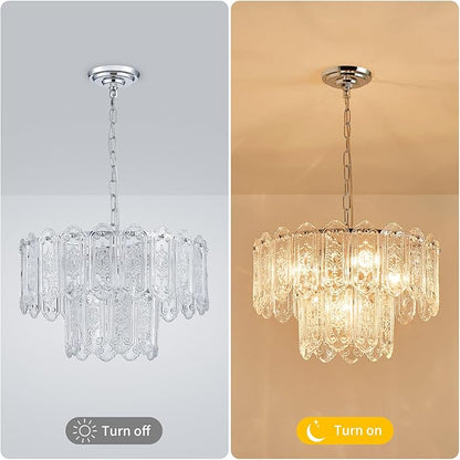 5-Lights Luxury Glass Chandeliers, Mid-Century Modern Chandeliers for Dining Room, D18.5'' × H18.9'', Adjustable Height (18.9"~51.2"), Chrome Finish Frame & Double Figured Glass Shade