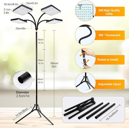 2026 4Head Grow Light with Upgrade Stand, Big Coverage Grow Lights for Indoor Large Plant, Bonsai Tree, 4/8/12/16/20H Timer, 100 Watt Power Draw, NO Need Adapter, 24"-76" Height Adjustable
