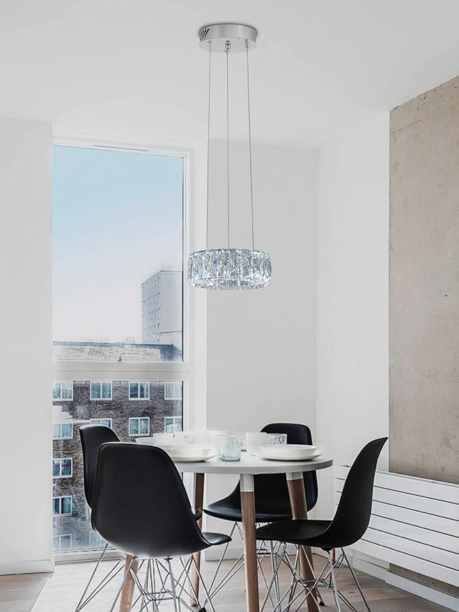 Modern LED Dimmable Crystal Chandelier 8" Ring Silver Pendant Light Fixtures for Kitchen Island Dining Room Living Room