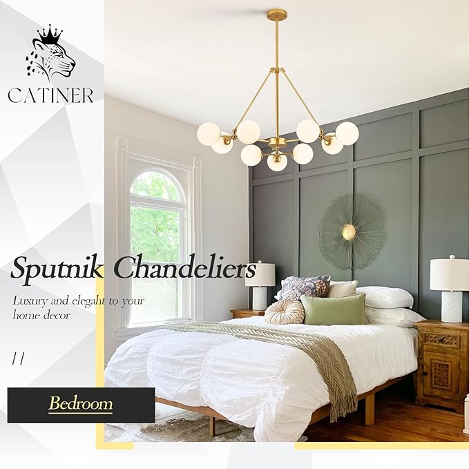 CATINER Modern Gold Sputnik Chandeliers L40”9-Lights Mid Century Ceiling Pendant Lighting Fixtures with Milk Glass Globe Shades for Foyer Entryway Kitchen Bedroom Living Dining Room