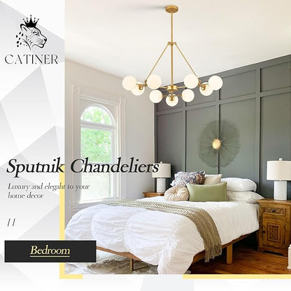 CATINER Modern Gold Sputnik Chandeliers L40”9-Lights Mid Century Ceiling Pendant Lighting Fixtures with Milk Glass Globe Shades for Foyer Entryway Kitchen Bedroom Living Dining Room