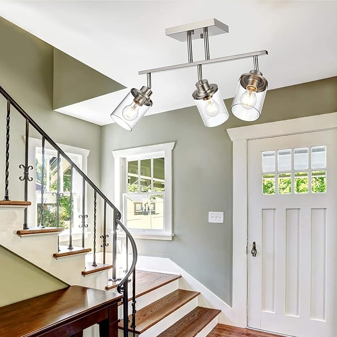 Track Lighting Fixtures 3 Light Directional Ceiling Lights with Adjustable Track Heads, Brushed Nickel Bathroom Vanity Light with Clear Glass Shade