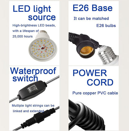 LED Grow Light Bulb A25 Bulb, Full Spectrum Grow Light Bulb, Plant Light Lamp Bulbs E26 Base, 15W Grow Bulb 130W Equivalent, Grow Light for Indoor Plants, Seed Starting (6 Bulbs String (22FT))