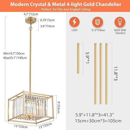 Gold Crystal Chandeliers for Dining Room Square 4-Light Height Adjustable 13" Modern Farmhouse Geometric Pendant Lighting Fixture for Bedroom Entryway Foyer Hallway
