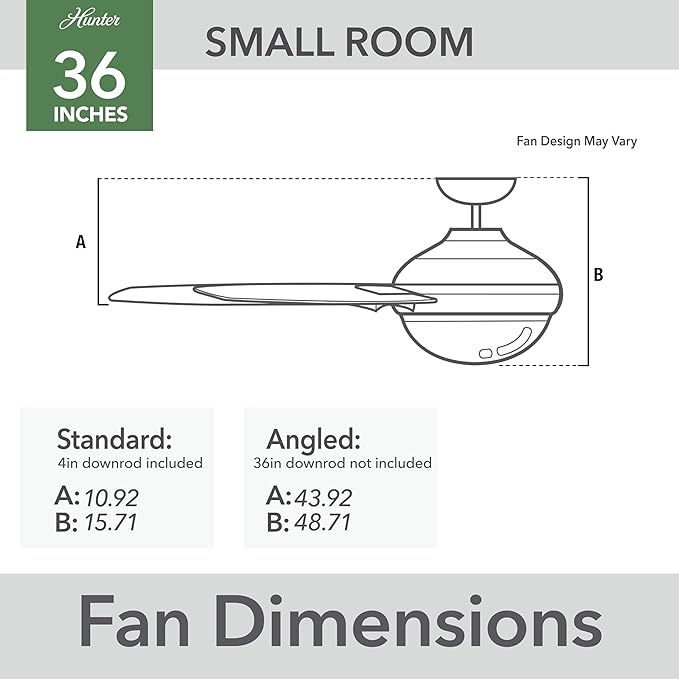 Hunter 36 inch Small Indoor Ceiling Fan with LED Light and Pull Chain - Modern Ceiling Fan, Standard Mount, 3 Blades, For Bedroom, Home Office, or Laundry Room, Quiet - Aker 59303, Brushed Nickel