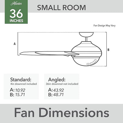 Hunter 36 inch Small Indoor Ceiling Fan with LED Light and Pull Chain - Modern Ceiling Fan, Standard Mount, 3 Blades, For Bedroom, Home Office, or Laundry Room, Quiet - Aker 59303, Brushed Nickel