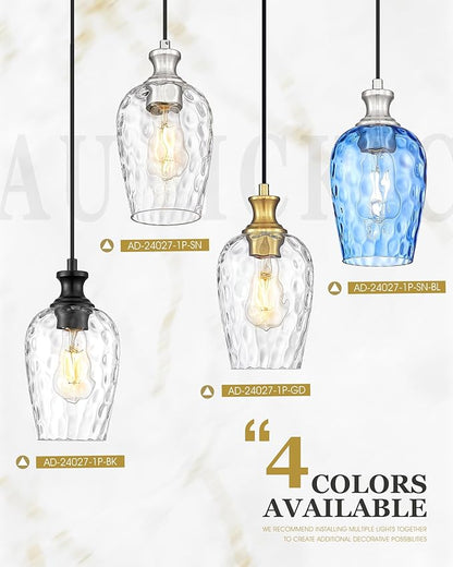 2-Pack Pendant Lights Kitchen Island, Black Hanging Lights Fixtures with Hand-Blown Hammered Clear Glass, Farmhouse Kitchen Island Lighting Over Sink, AD-24027-1P2-BK