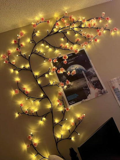 Cherry Blossom Tree Branch Lights for Wall,Cherry Enchanted Willow Vine Lights,with 48 LED and 8 Lighting Modes,Remote Timer,for Bedroom Wall Doors Windows Wedding Christmas Holiday (47inch)