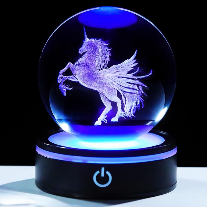 YWHL Unicorn Gifts for Women, 3D Laser Unicorn Figurines Crystal Ball Decor with Colorful Light Base, Gifts for Birthday Christmas, Glass Animals Statue for Home Decorations(80mm)