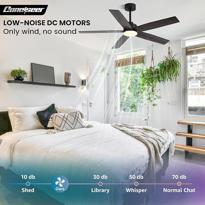 Modern 52 Inch Ceiling Fans with Lights and Remote for Bedroom Living Room Kitchen Home Office Indoor/Outdoor, 18W 3CCT Dual Color 5 Blades 6 Speed Reversible Quiet DC Motor, Black/Wood Grain