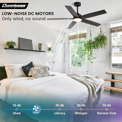 Modern 52 Inch Ceiling Fans with Lights and Remote for Bedroom Living Room Kitchen Home Office Indoor/Outdoor, 18W 3CCT Dual Color 5 Blades 6 Speed Reversible Quiet DC Motor, Black/Wood Grain