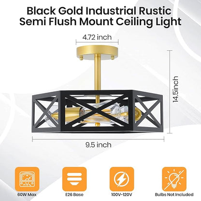 Farmhouse Light Fixtures Ceiling Mount 3-Light E26 Black Gold Semi Flush Mount Ceiling Light Fixture, Industrial Rustic Close to Ceiling Hallway Lights for Bathroom Entryway Kitchen