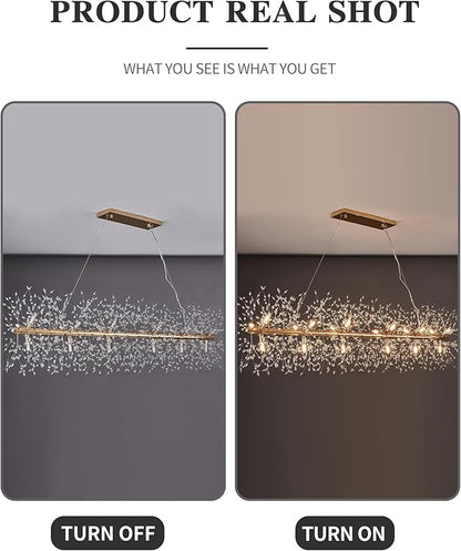Modern 59" Modern Gold Crystal Firework Chandelier, 18-Light Pendant Light Fixture, Rectangle Linear Sputnik Dandelion Chandeliers for Dining Room Kitchen Living Room