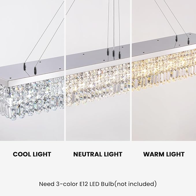 7PM Rectangle K9 Crystal Chandelier Modern Rectangular Pendant Light Fixture for Dining Room Kitchen Island Chrome L59'' x W10'' x H9''