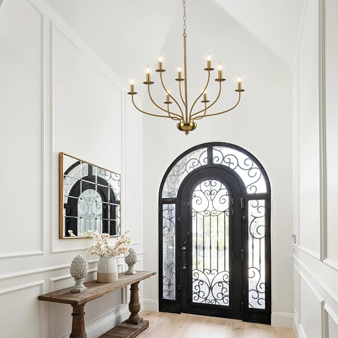 Gold Chandelier Light Fixture 9 Light Brass Chandelier for Dining Room, 30” Large Chandeliers for High Ceilings, Industrial Candle Farmhouse Chandelier for Living Room Kitchen Bedroom Entryway
