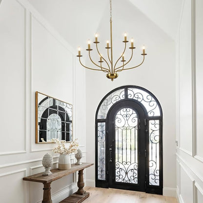 Gold Chandelier Light Fixture 9 Light Brass Chandelier for Dining Room, 30” Large Chandeliers for High Ceilings, Industrial Candle Farmhouse Chandelier for Living Room Kitchen Bedroom Entryway