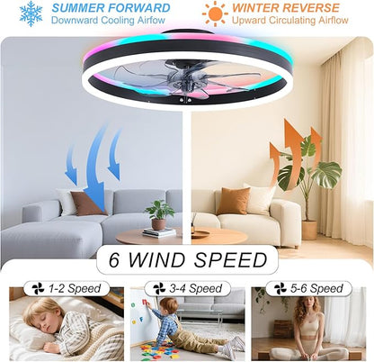 16 Inch RGB Low Profile Ceiling Fans with Lights, Modern Flush Mount Fandelier Chandelier Fixture, Remote & APP Control, Black LED Ceiling Fan Light for Bedroom, Living Room, Kitchen Indoor