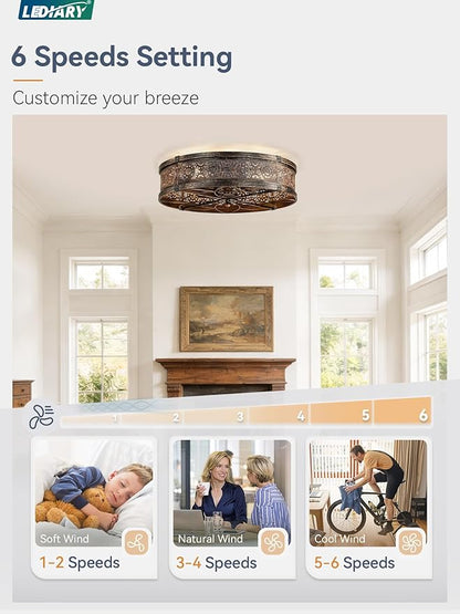 LEDIARY 20" Caged Ceiling Fans with Lights,Low Profile Flush Mount Enclosed Bladeless Farmhouse Ceiling Fan with Light and Remote,Black and Gold Vintage Victorian Rustic Fandelier for Bedroom,Kitchen